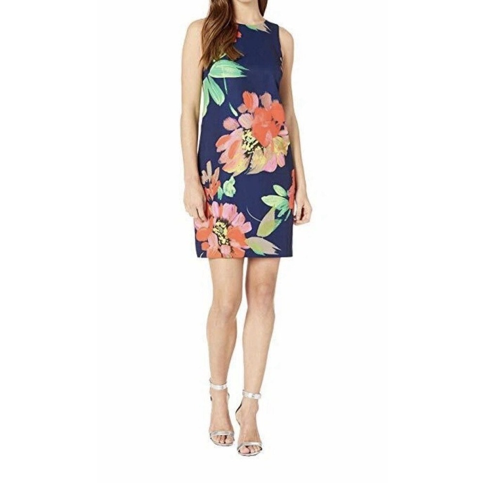 Trina Turk Clemente Bow Back Shift Navy Floral Dress Pink Red Flowers Size 10